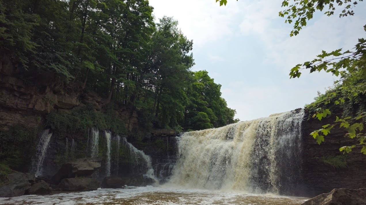 Photo of the upper falls at Balls Falls Conservation Area, looking up to it 