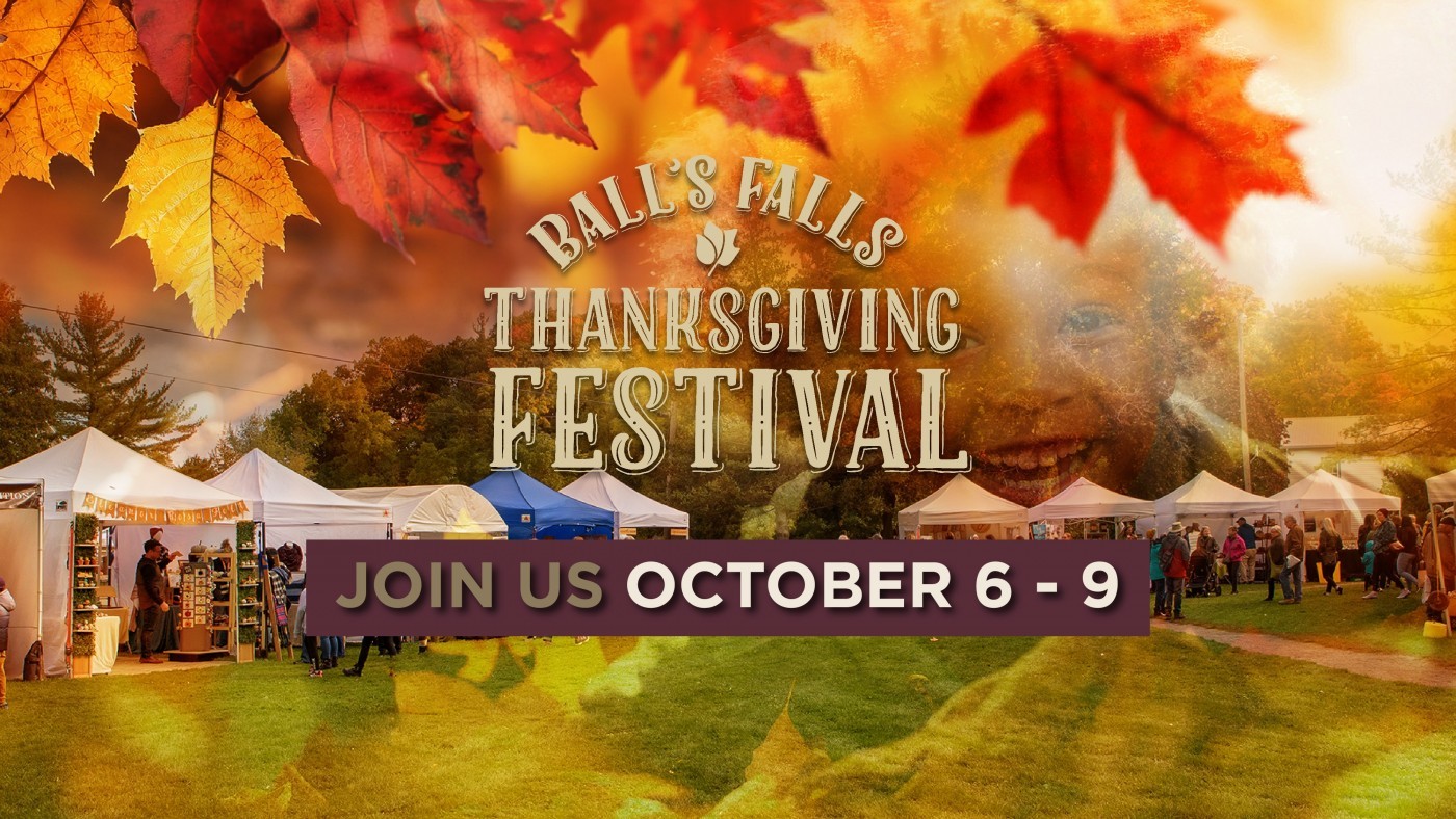 Thanksgiving Festival graphic, orange and red fall colours, logo, join us from October 6 to 9 2023 