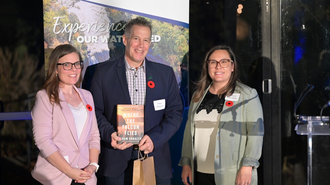 Photo of Natalie Green, Manager of Climate Change and Special Programs, Event Emcee and NPCF Board Member, Mike Balsom, and NPCA CAO, Leilani Lee-Yates