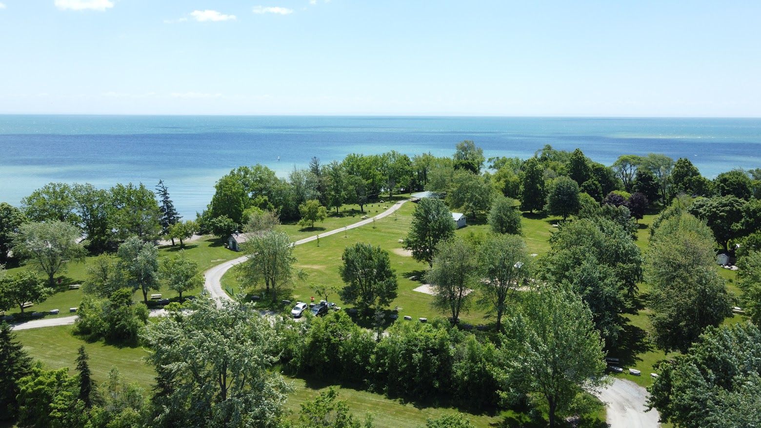 An aerial shot of Long Beach and Lake Erie