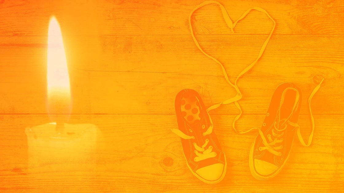 Orange graphic with youth shoes, in recognition of National Day for Truth and Reconciliation and Orange Shirt Day 