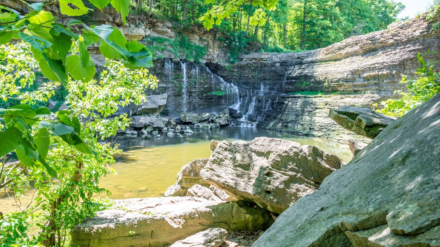Cave Springs Conservation Area waterfall, surrounded by greenery