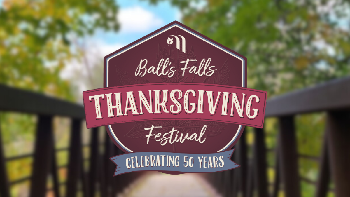 Balls Falls Thanksgiving Festival logo in front of a photo of Balls Falls bridge 