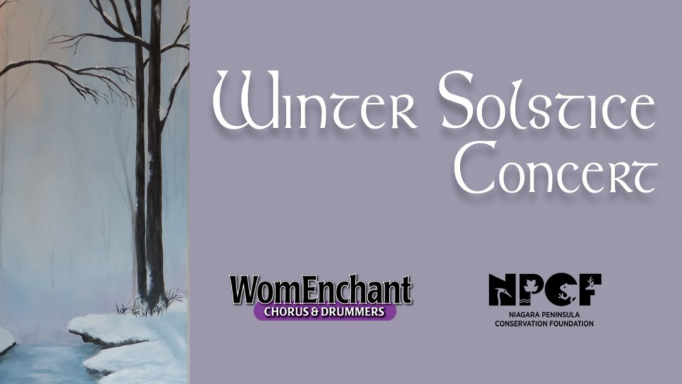 The background features a soft lavender color with a wintery scene on the left, showing a snowy landscape with bare trees and a frozen stream. Text reads 'Winter Solstice Concert' in stylized white font.