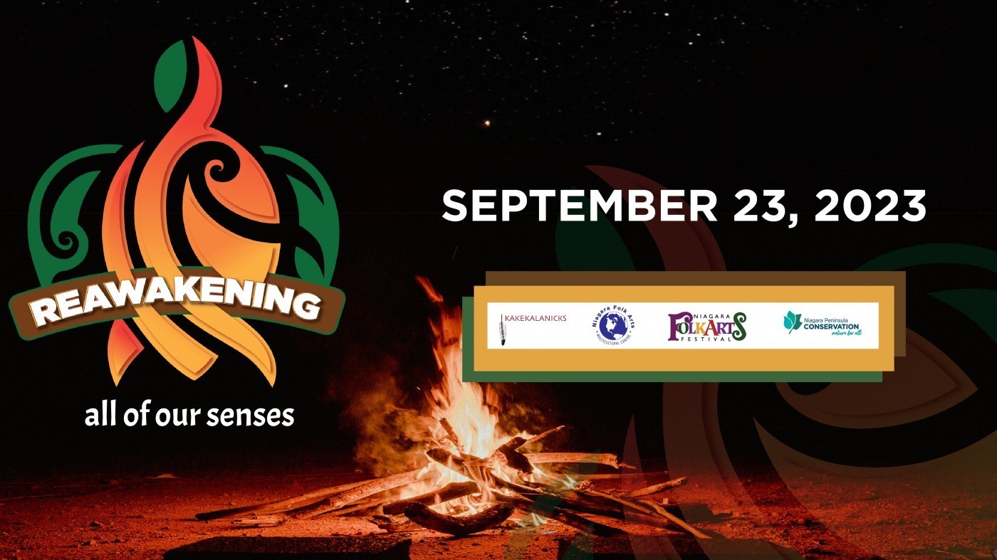 Reawakening All of Our Senses graphic- orange logo behind black and red fire themed background with all partner logos 