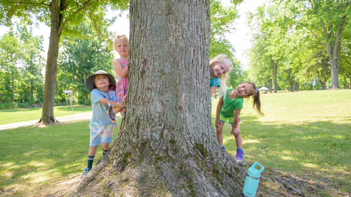 Four children peaking around a tree