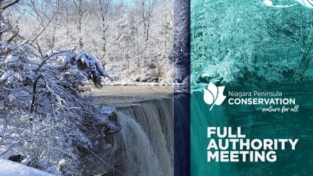 Graphic of Balls Falls Conservation Area  with text overlay of full authority meeting and NPCA logo