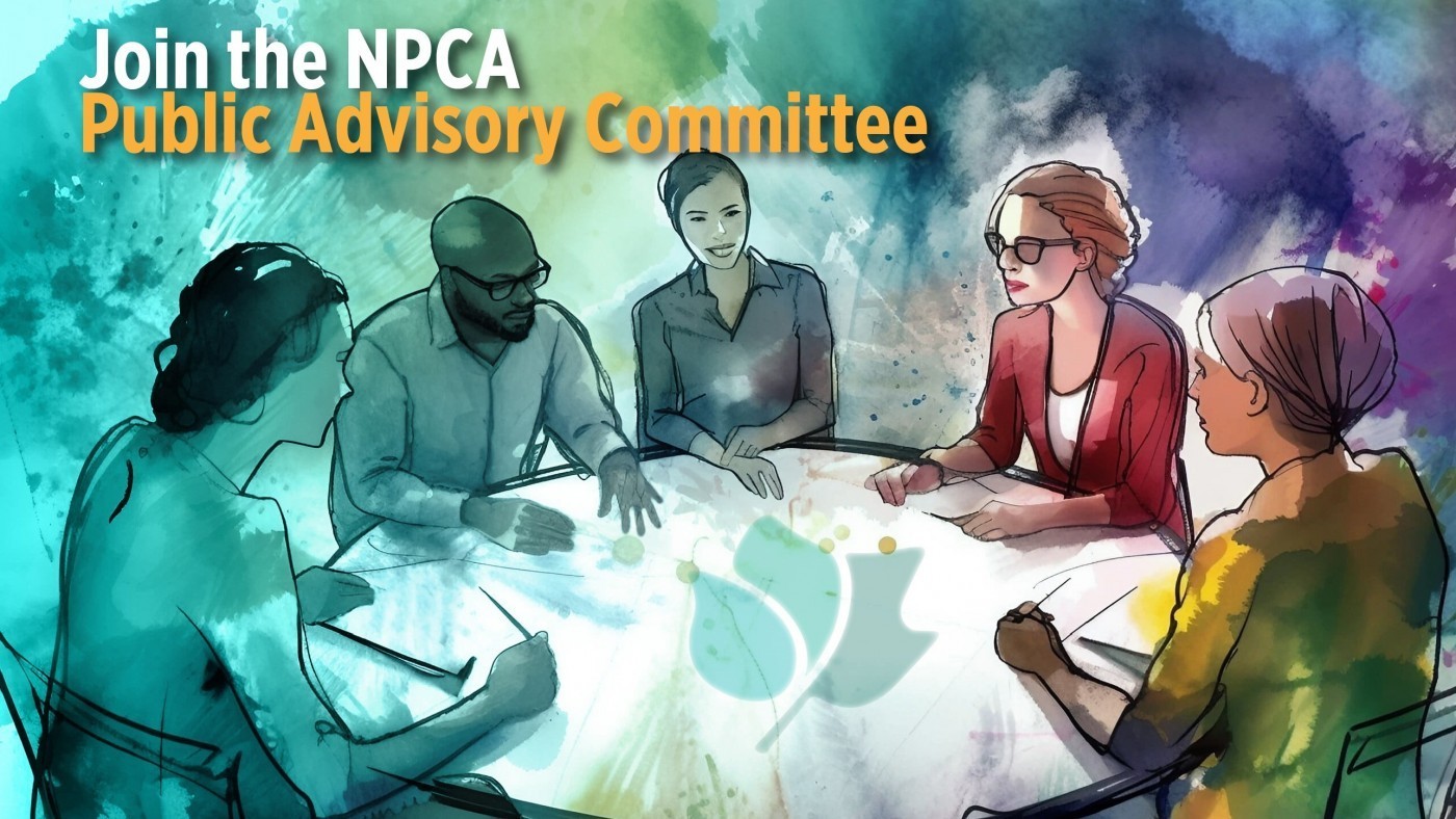 Graphic promoting the NPCA PAC, cartoon group gathered around table in discussion