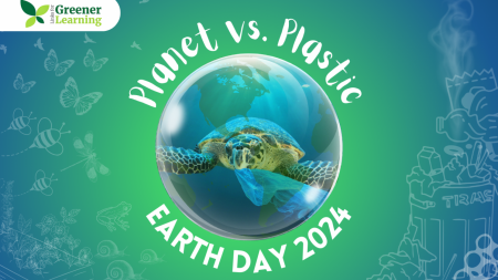 Earth Day graphic, blue and green showing the Earth and a big snapping turtle with logo