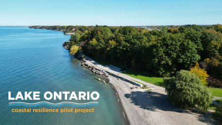 Logo for Lake Ontario coastal project with background scenic photo of Lake Ontario shoreline with trees