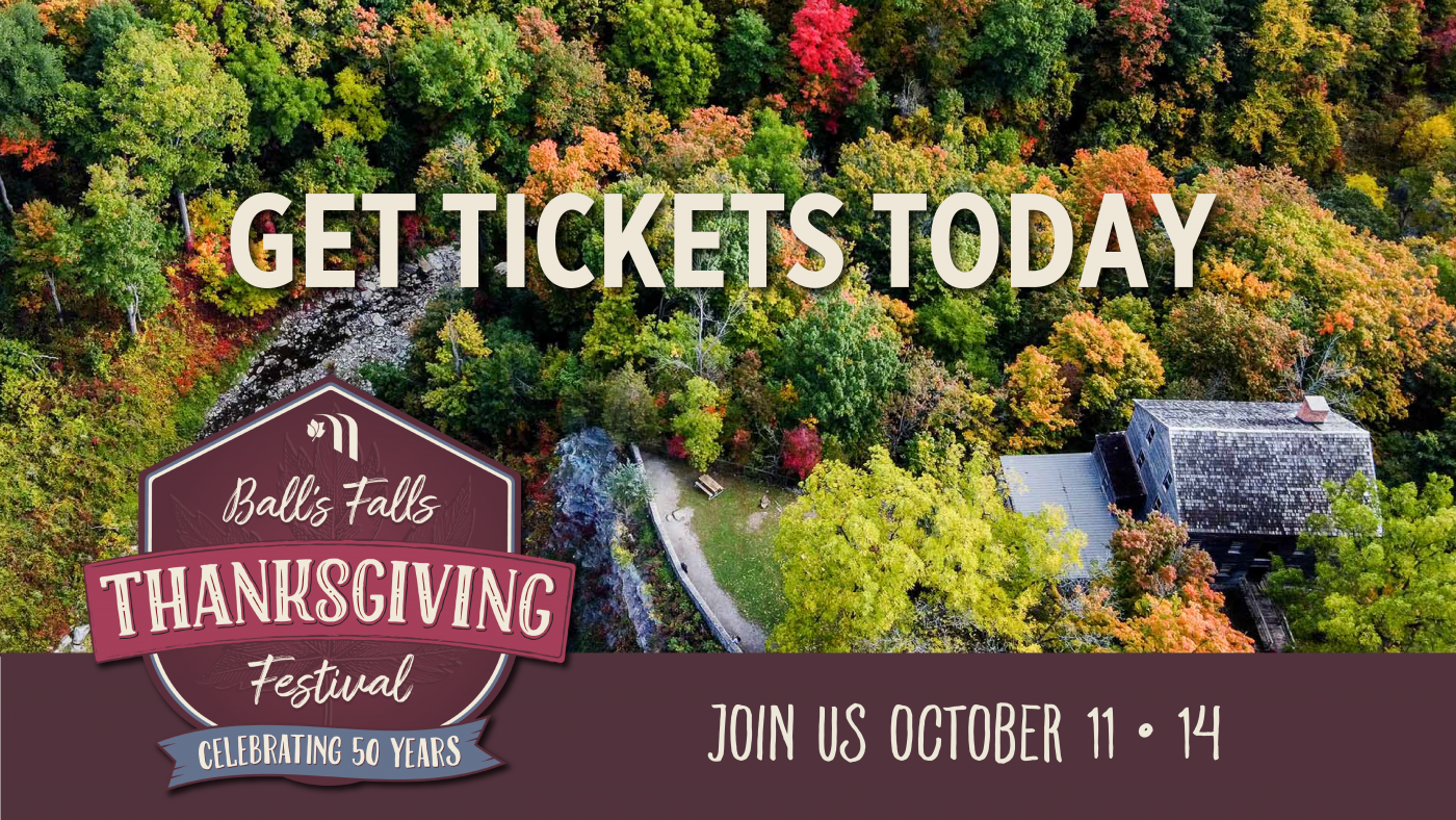 Thanksgiving Festival graphic with fall colours, Festival logo and call to action Get Tickets Today 