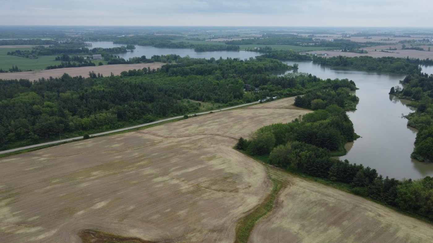 Aerial photo of the Du Property near Binbrook Conservation Area - rural landscape surrounded by forestry and water
